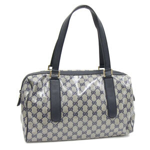 Gucci Crystal GG Handbag Navy Blue Gray Canvas Boston Tote Bag